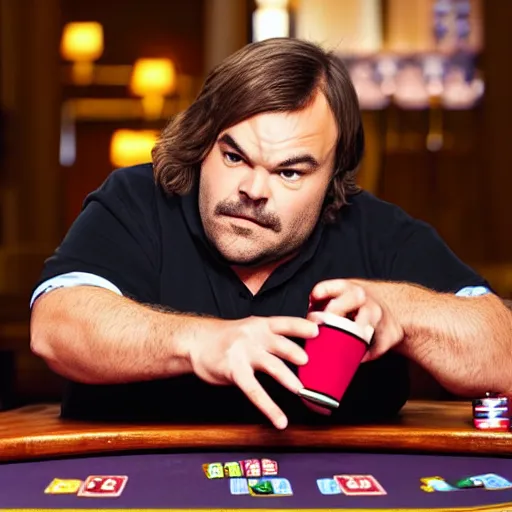 Image similar to Jack Black playing blackjack while drinking blackcurrant and wearing black polo shirt, realistic, ultra high detail, 8k.