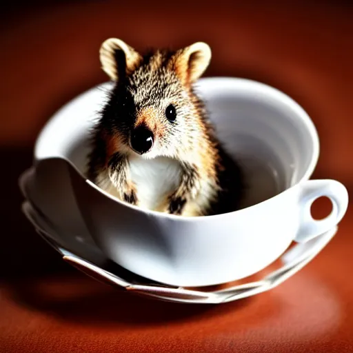 Image similar to baby quokka in a teacup, photography, minimalistic, 8 k