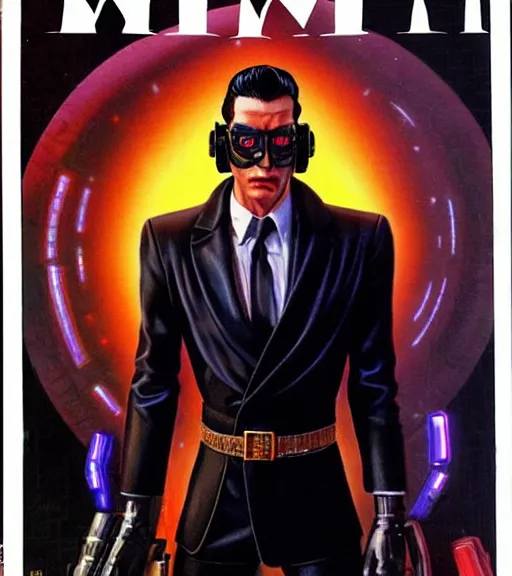 Prompt: a cyberpunk very ugly mafia boss in a suit with slicked back black hair played by ryan renolds as an elf, 1 9 7 9 omni magazine cover, style by vincent di fate, artgerm, very coherent, detailed, 4 k resolution, bright, unreal engine, daz