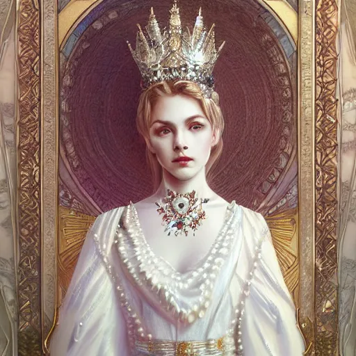 Image similar to a realistic queen with a decorated dress made of white pearls and white plumes of swan, highly detailed, digital painting, Trending on artstation , HD quality, by artgerm and greg rutkowski and alphonse mucha, dramatic light, octane