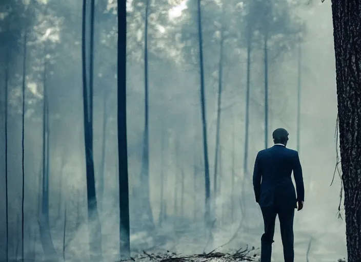 Image similar to a 3 5 mm photo from the back of a man in a gray suit walking through a forest fire, splash art, movie still, bokeh, canon 5 0 mm, cinematic lighting, dramatic, film, photography, cold blue light, depth of field, award - winning, anamorphic lens flare, 8 k, hyper detailed, 3 5 mm film grain