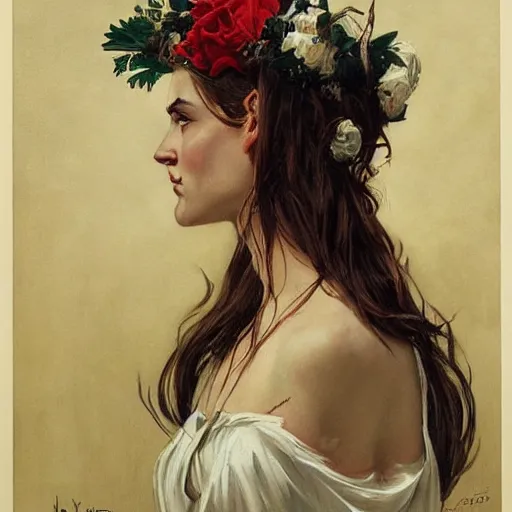 Prompt: epic portrait an woman with a skull face and wet flowing hair, flower crown, made by j. c. leyendecker