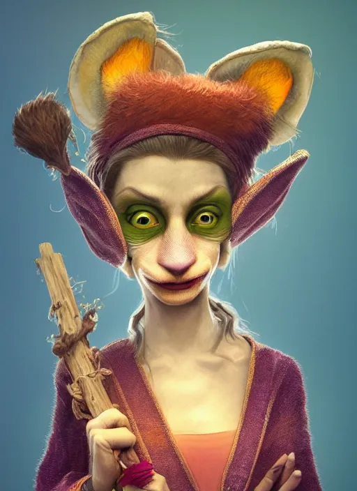 Image similar to an anthropomorphic beautiful female wizard portrait made of fox holding a staff wearing colourful robe, fine art, award winning, intricate, elegant, sharp focus, octane render, hyperrealistic, cinematic lighting, highly detailed, digital painting, 8 k concept art, art by jamie hewlett and z. w. gu, masterpiece, trending on artstation, 8 k