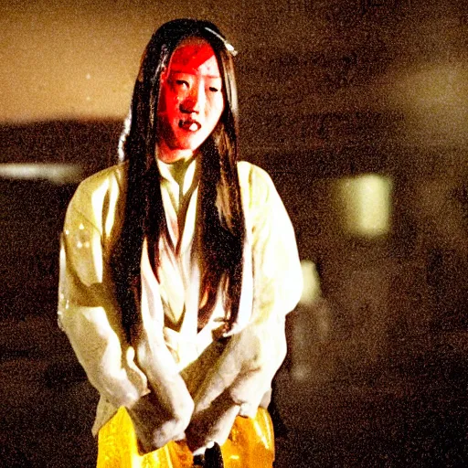 Image similar to film still of justin sun from kill bill, blood spattered chainsaw bride