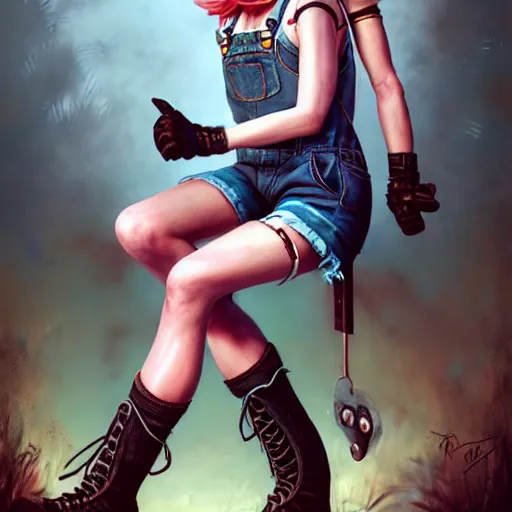 Image similar to full body pose, grungy alice, torn overalls, short shorts, gloves, combat boots, fishnets, beautiful, highly detailed face, true anatomy!, extremely detailed!, digital painting, unreal engine 5, art by tom bagshaw