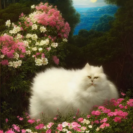 Prompt: large white fluffy cat surrounded by flowers, Thomas Cole, artgem, Tyler Edlin and Jean Delville, wide angle, minimalistic, highly detailed, masterpiece