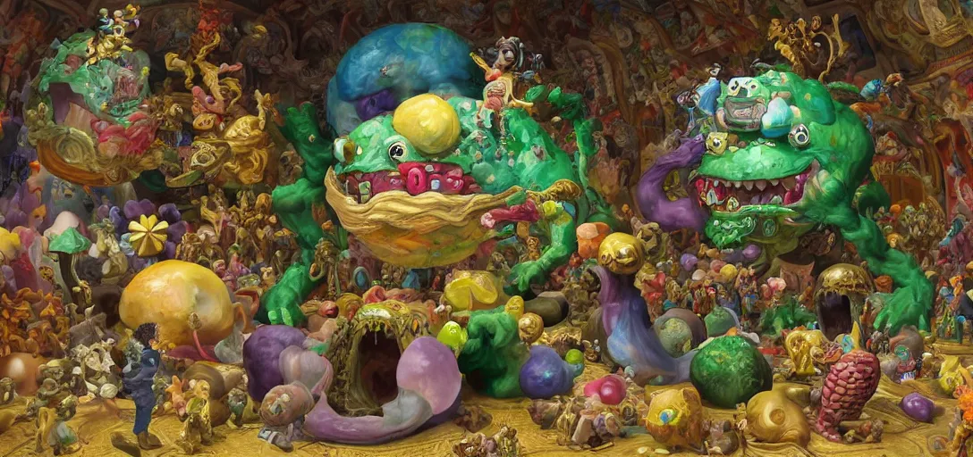 Prompt: the absolute worst, most grotesque and awful monster made of gelatinous fleshy blobs, in the style of okuda san miguel and katamari damacy. The monster is in an ornately gilded rococo art museum gallery designed by frank lloyd wright and donatello