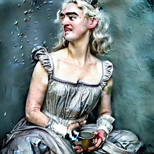 Prompt: A 18th century, messy, silver haired, (((mad))) elven princess (look like ((young Kate Winslet))), dressed in a silvery ((ragged)), wedding dress, is ((drinking a cup of tea)). Everything is underwater! and floating. Greenish blue tones, theatrical, (((underwater lights))), high contrasts, digital art by Tim Burton