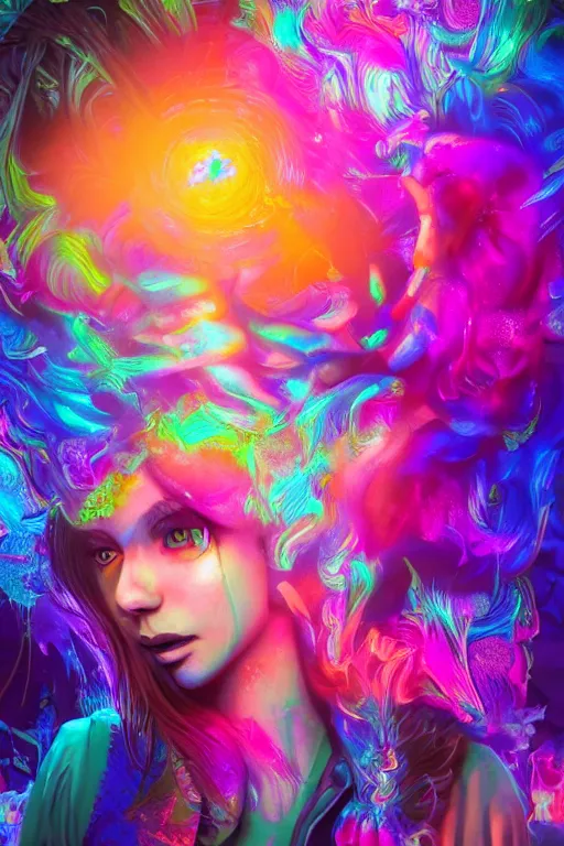 Image similar to a beautiful girl engulfed in colorful liquid clouds and neon smoke, colorful psychedelic experience, psilocybin, dmt, lsd, face, highly detailed, concept art, sharp focus, digital art by hana yata, and artem demura and beeple, lisa frank, cyberpunk, octane render, unreal engine, 8 k