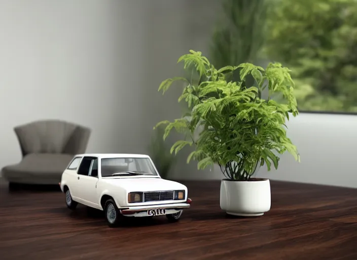 Image similar to a small miniature of a Ford Cortina 1980 on a white table near a book and a vase with a plant, 3d render, octane render, unreal engine 5, path tracing, serene landscape, calm, relaxing, beautiful landscape, highly detailed, high quality, 4k, symmetrical, low contrast