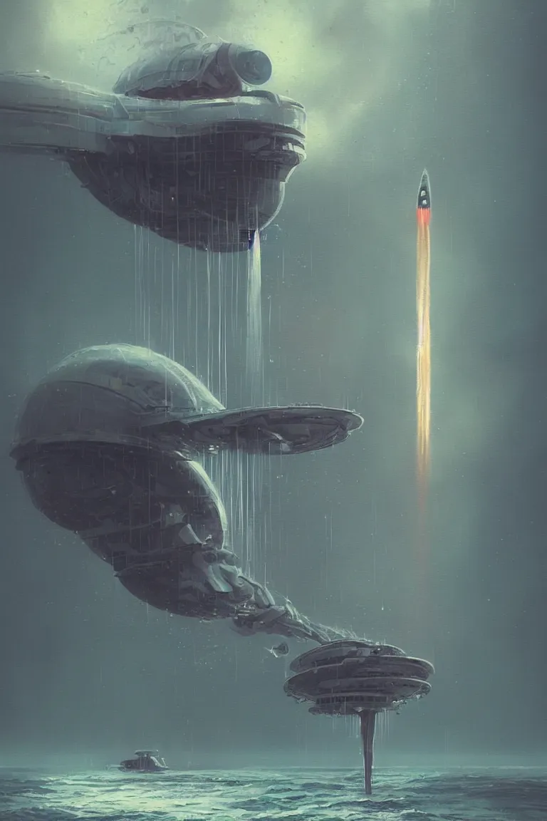 Image similar to mechanical spaceship nautilus dripping wet emerging from a the ocean, launching to space, big booster rocket engines, sci - fi concept art, by john harris, by simon stalenhag, stunning, award winning