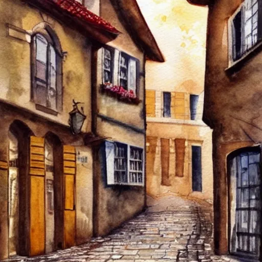 Prompt: street in an old european town , very beautiful award-winning watercolor painting by a very talented artist, extremely detailed