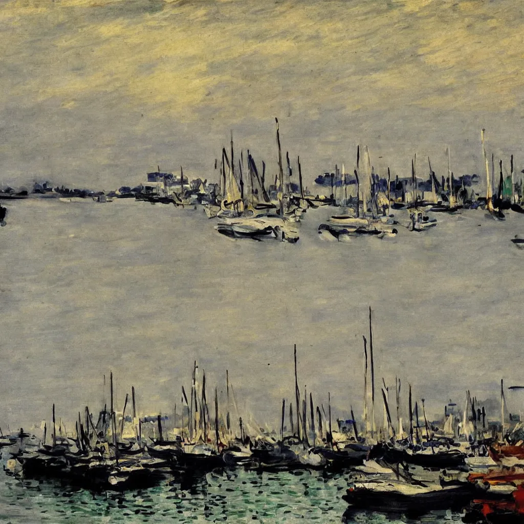 Image similar to dusk Harbour, painting by Manet