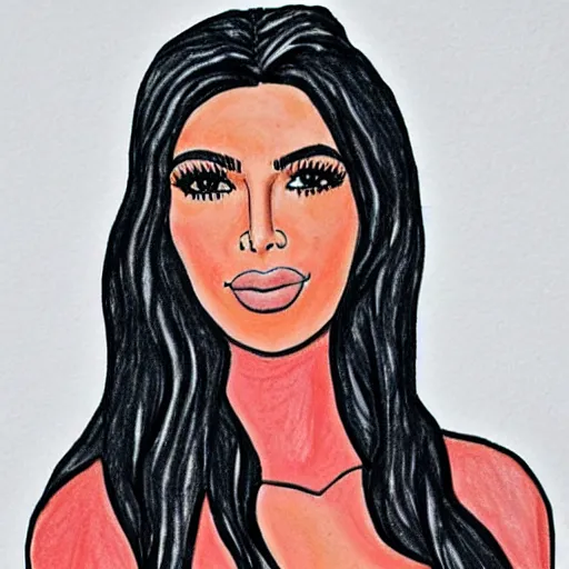 Image similar to Kim Kardashian, poorly drawn and colored in wax crayon by a five-year old