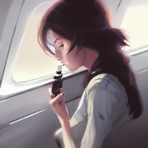 Prompt: a dark - haired girl smoking on the plane highly detailed, digital painting, artstation, concept art, sharp focus, illustration, art by greg rutkowski