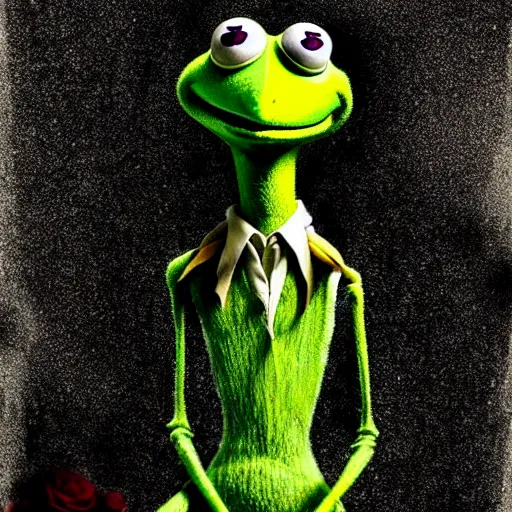 Prompt: grunge cartoon drawing of kermit the frog by - michael karcz , in the style of corpse bride, loony toons style, horror themed, detailed, elegant, intricate