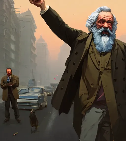 Image similar to highly detailed portrait karl marx as buff gangsters holding gums in gta v, stephen bliss, unreal engine, fantasy art by greg rutkowski, loish, rhads, ferdinand knab, makoto shinkai and lois van baarle, ilya kuvshinov, rossdraws, tom bagshaw, global illumination, radiant light, detailed and intricate environment