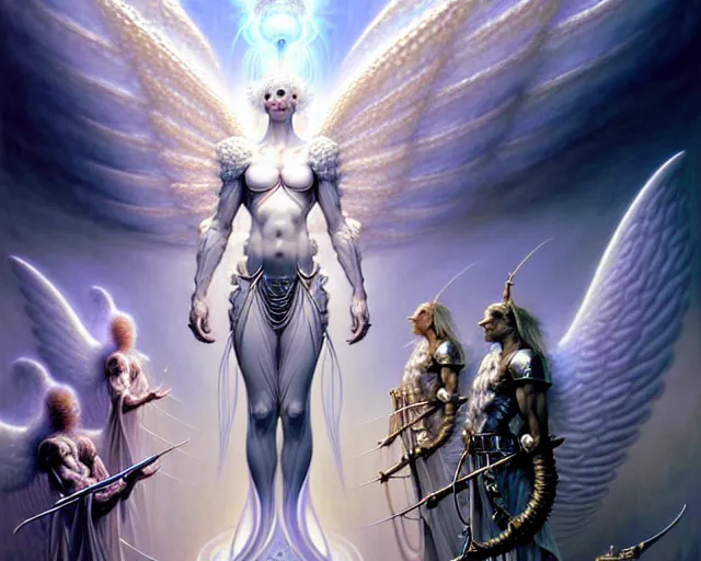 Image similar to the army of white light and angels, fantasy character portrait made of fractals facing each other, ultra realistic, wide angle, intricate details, the fifth element artifacts, highly detailed by peter mohrbacher, hajime sorayama, wayne barlowe, boris vallejo, aaron horkey, gaston bussiere, craig mullins