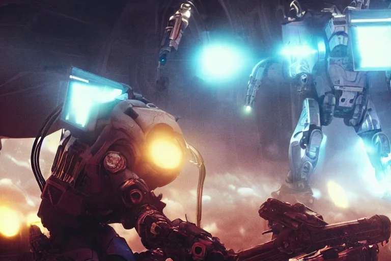 Image similar to VFX movie of a futuristic inhuman alien spacemarines Mech in future spaceship, firing gun at alien horde detailed creature skin neon lighting by Emmanuel Lubezki