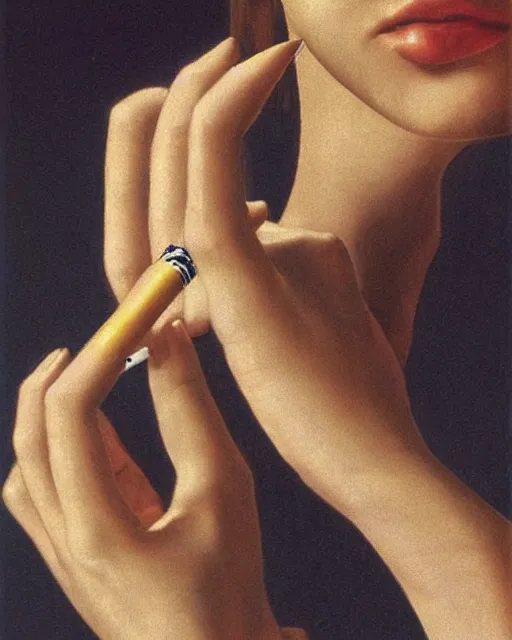 Image similar to you can see in the picture, acurate, real, elegant female hand, holding a cigarette, from the elbow, up to the elbow, only five fingers, separated, elegant, neat nails, realism, style by Maurits Cornelis Escher, 8k,