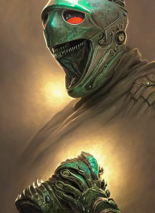 Image similar to horror machine glowing mf doom reptile eyes, grey green metal armor, elegant, highly detailed, centered, digital painting, artstation, concept art, smooth, sharp focus, illustration, artgerm, tomasz alen kopera, peter mohrbacher, donato giancola, joseph christian leyendecker, wlop, frank frazetta