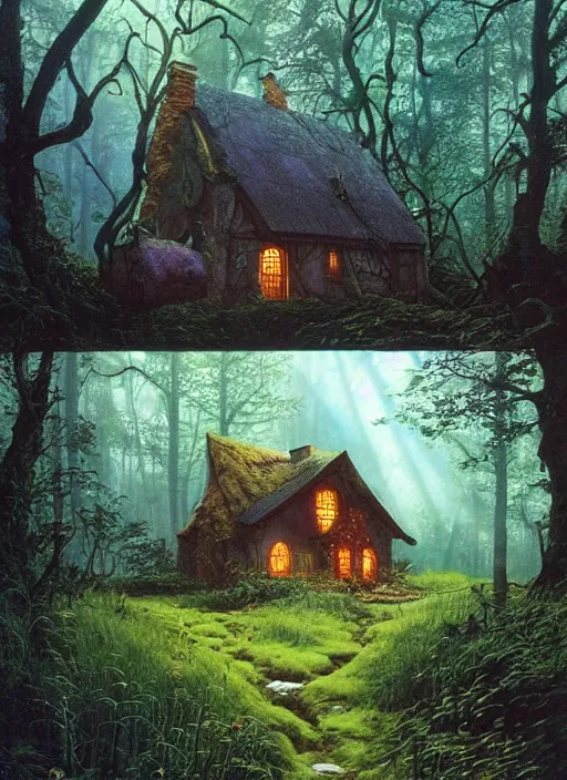 Image similar to hyper realistic witch cottage with solar panels with happy lighting and technology in the woods gorgeous lighting, sunbeams blue sky, lush forest foliage painting by zdzisław beksinski and norman rockwell and greg rutkowski weta studio, and lucasfilm