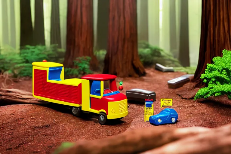 Prompt: fisher price redwood forest, california scene from tv show hyper detailed 5 5 mm 8 5 mm, toy photography