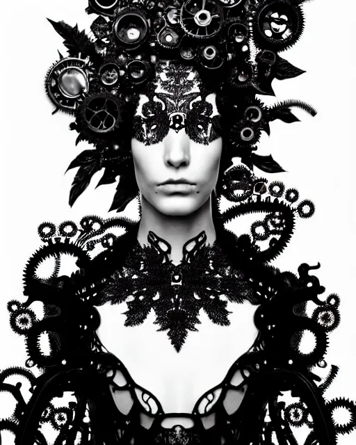 Image similar to surreal black and white photo portrait of complex bio-mechanical beautiful young female vegetal-cyborg with a Mandelbrot fractal steampunk metal fine lace face, a very long neck and a fine metal floral foliage super big lace collar by Alexander McQueen:: smoke, high fashion, haute couture, rococo, steampunk, silver filigree details, anatomical, facial muscles, cable wires, microchip, elegant, dreamy, foggy atmosphere, hyper realistic, 150 mm lens, soft rim light, octane render, unreal engine, picture was taken in 1910 by Man Ray, volumetric lighting, dramatic light,8k,