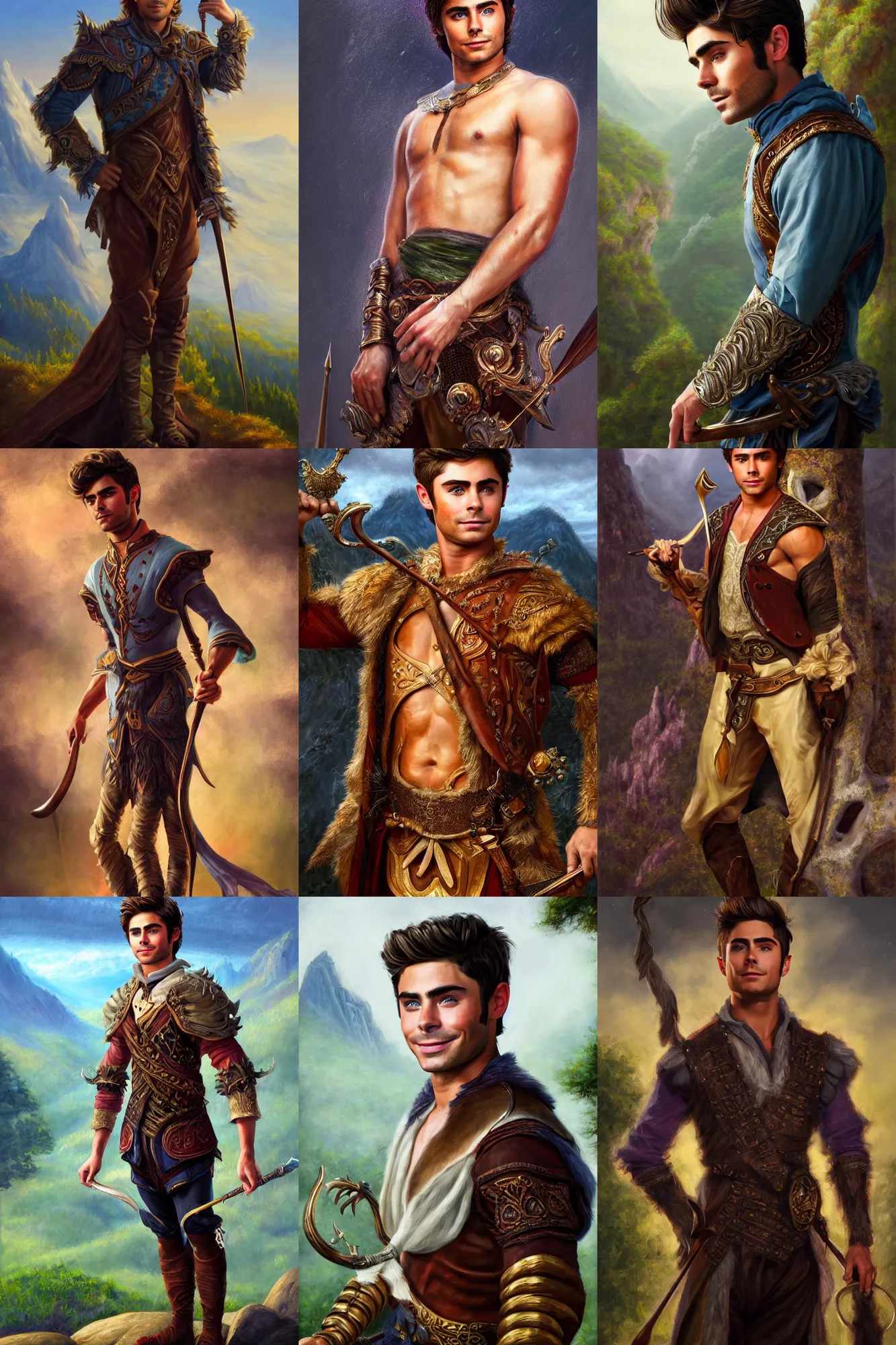 Prompt: a full body high detail fantasy portrait oil painting illustration of zac efron as elegant male bard by justin sweet with face and body clearly visible, in a scenic background, striking eyes, realistic proportions, d & d, rpg, forgotten realms, artstation trending, high quality, sombre mood, artstation trending, muted colours, entire person visible!