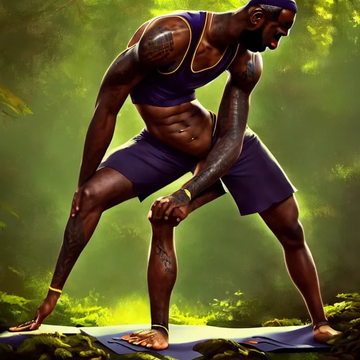 Image similar to lebron james doing yoga in the forest, epic professional digital art, best on artstation, cgsociety, wlop, behance, pixiv, cosmic, epic, stunning, gorgeous, much detail, much wow, masterpiece by dorian cleavanger and stanley lau