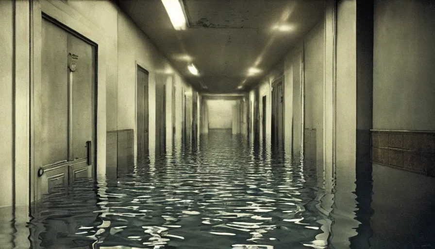 Prompt: 7 0 s movie still of an empty soviet stalinist style hallway flooded in water, eastmancolor, heavy grain, high quality, high detail