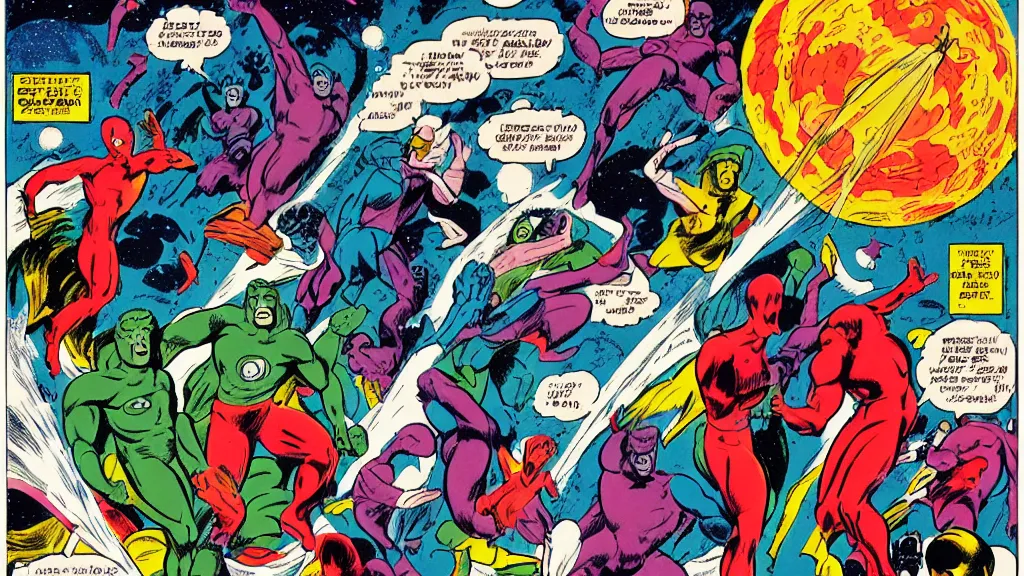 Prompt: the cosmos by Steve Ditko and P. Craig Russell, in color