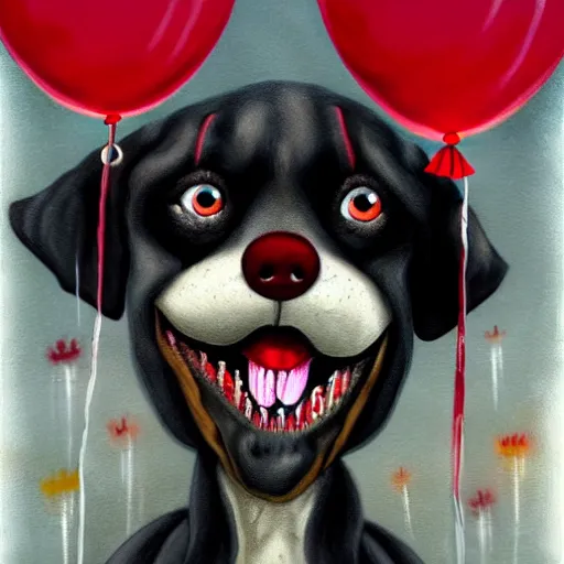 Prompt: grunge cartoon painting of a dog at the circus with a wide smile and a red balloon by chris leib, loony toons style, pennywise style, horror theme, detailed, elegant, intricate