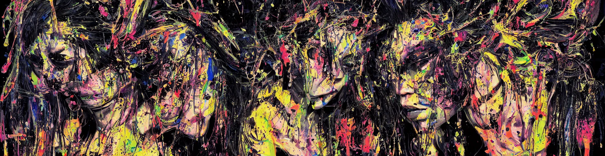 Image similar to high definition highly detailed baroque cyberpunk shamaness, varnished oil paint in bright colors on black background with small background color splatters, by katsuhiro otomo