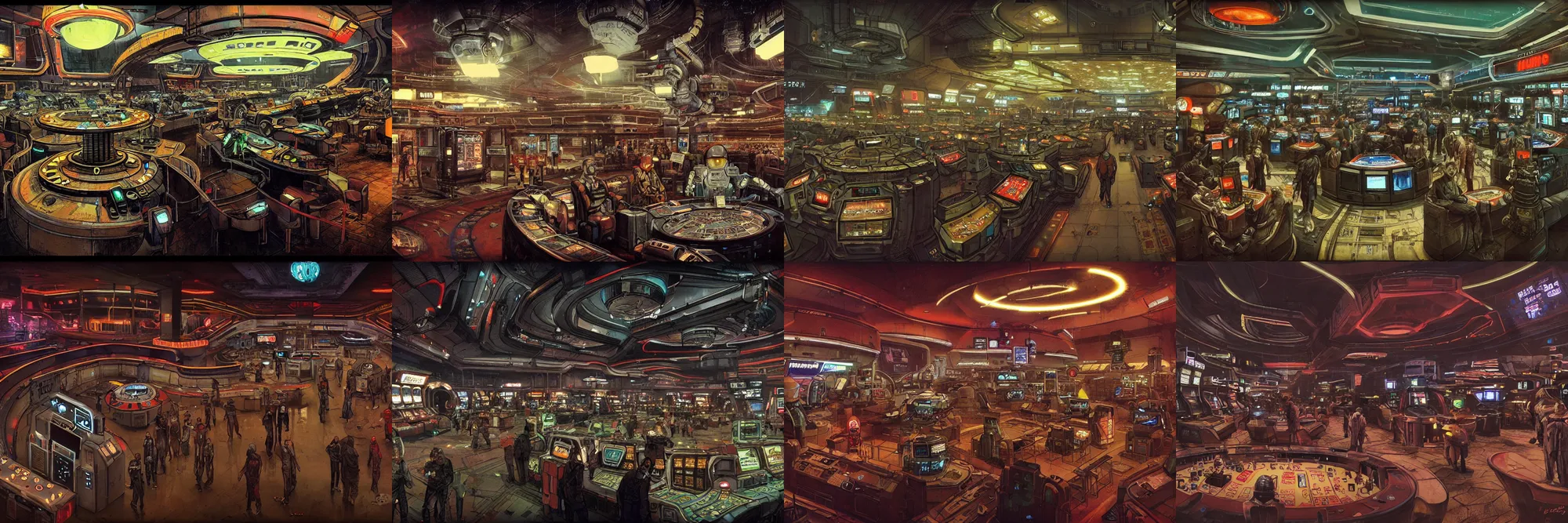 Prompt: inside a bustling cyberpunk casino on mars, glowing lights, robots, cyborgs, aliens, by enki bilal