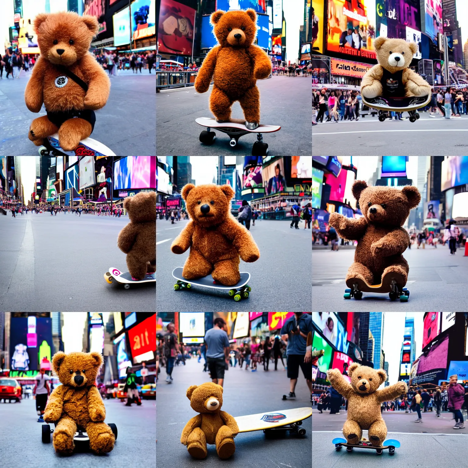 Prompt: a small teddy bear riding a skateboard in times square