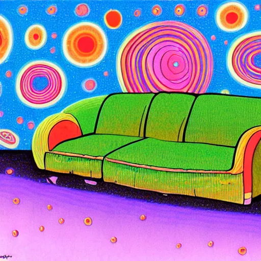 Image similar to psychedelic trippy couch pine forest planets milky way sofa cartoon by howard finster