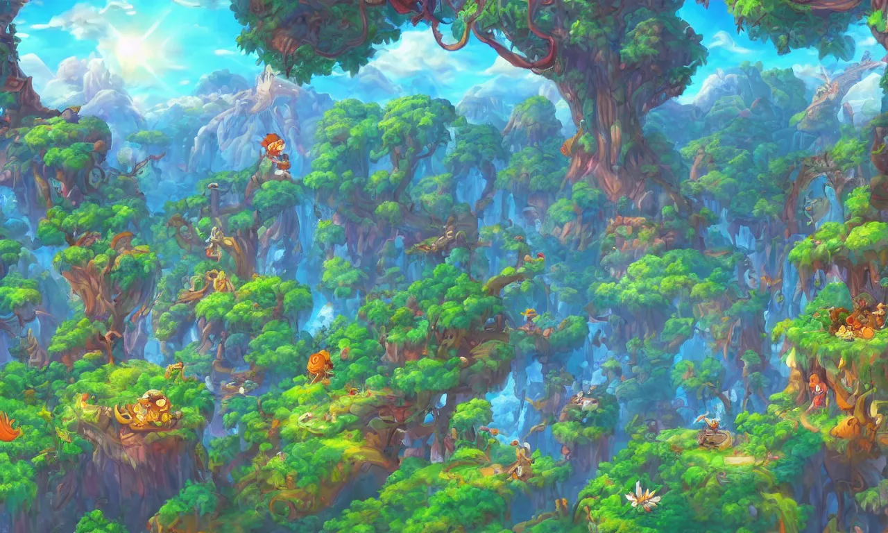 Image similar to A beautiful painting of dreamscape dofus jungle winter in Xenoblade Chronicles video game land world screenshot by Carl Warner and Jim Woodring, Trending on artstation:1.5, sweet joy harmony color scheme white,black,light,fire:-1