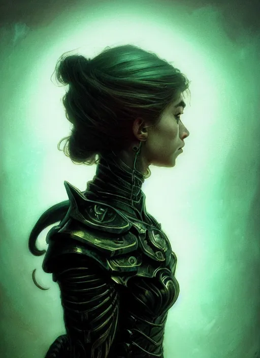 Image similar to side portrait, imogen poots, deathknight, black armor, gloomhaven, soft, smooth, luminescent, haunting, pale green backlit glow, evil inky swirly ripples, sickly colors, 8 k, by mucha, greg rutkowski, jesper ejsing, rhads, ilya kuvshinov, cushart krenz