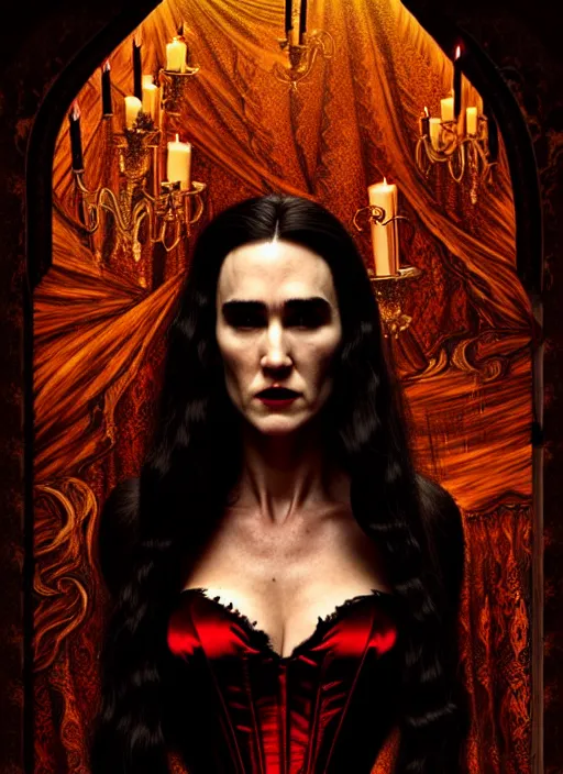 Image similar to jennifer connelly vampire queen, sharp fangs, blood, full body, intricate victorian dress, digital art, middle shot, cinematic lighting, studio quality, symmetrical eyes, artgerm, joshua middleton, rafael albuquerque, moody lighting, candles, art style by klimt, nixeu and ian sprigger and wlop and krenz cushart