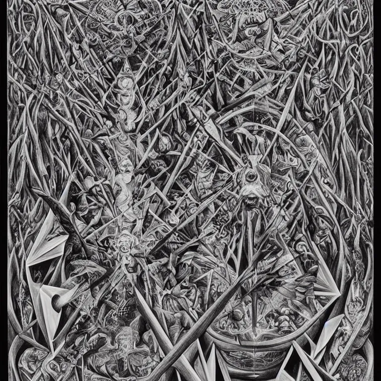 Image similar to meaning of death by Alex Grey and M. C. Escher collaboration