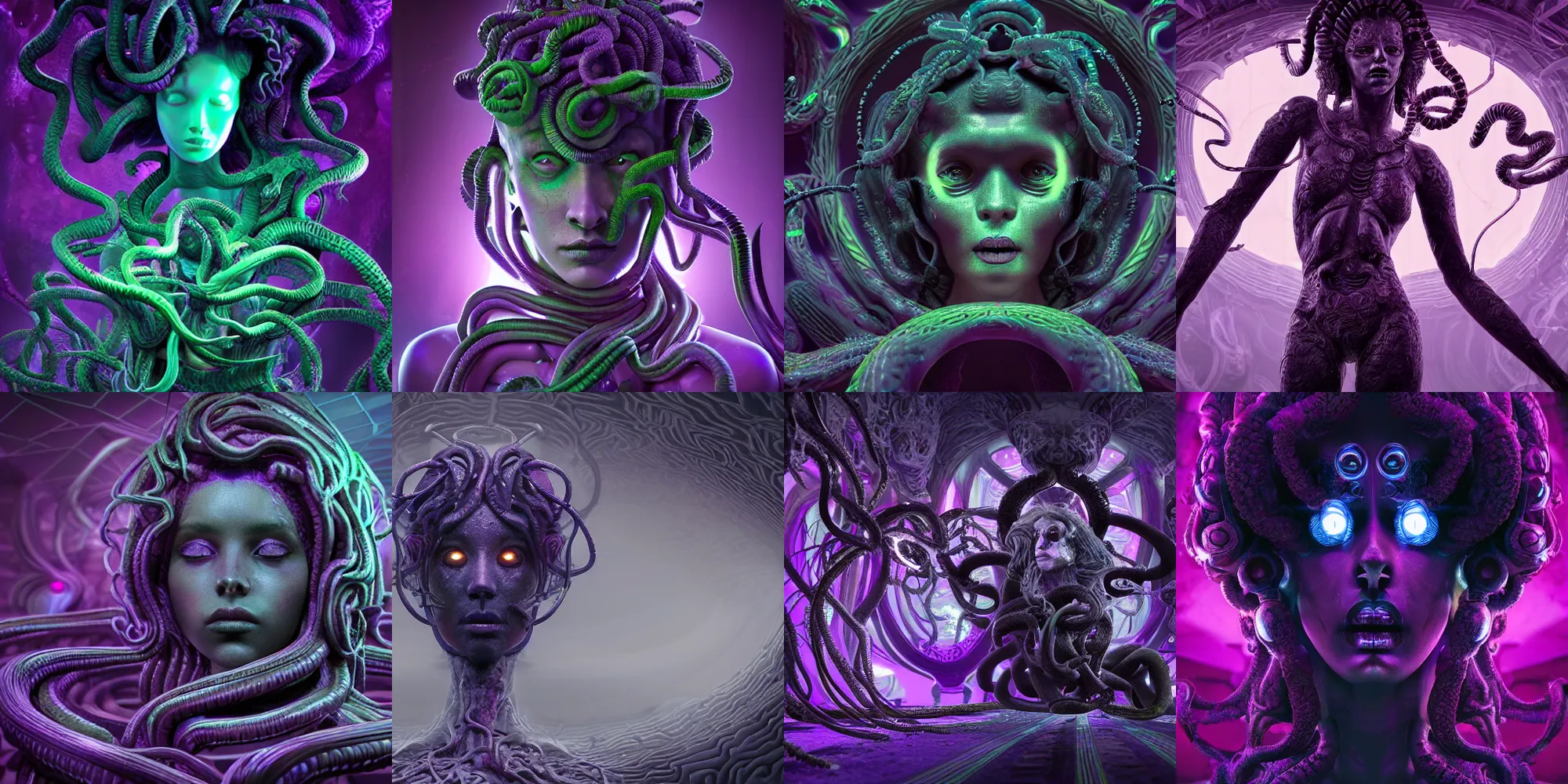 Prompt: beautiful dark medusa gorgon, cosmic horror, abstract, ghostly, arcade, duotone, poltergeist, epic lighting, intricate, elegant, highly detailed, smooth, sharp focus, photo real, ultra realistic, unreal engine 5, raytracing, in the style of beeple and mike winkelmann, ultraviolet colors,