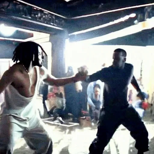 Prompt: bad quality picture of a leaked Pusha T fighting Drake video