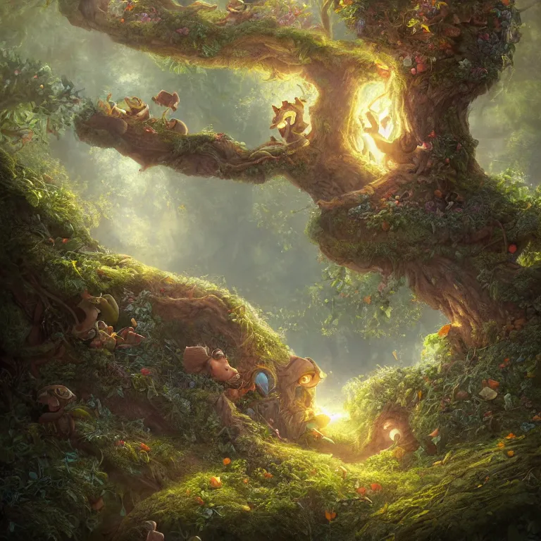 Prompt: illustration of tiny seeds floating around a fairytale tree in a forest glade by Justin Gerard, evening light, fantasy art, trending on artstation