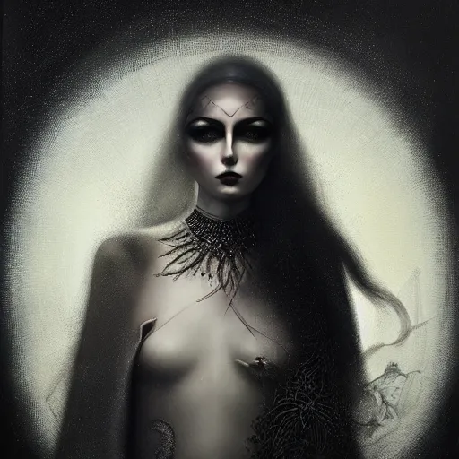 Image similar to By Tom Bagshaw, ultra realist soft painting of curiosities carnival by night, very beautiful single star in bodysuit, symmetry accurate features, very intricate details, ominous sky, black and white, volumetric light clouds