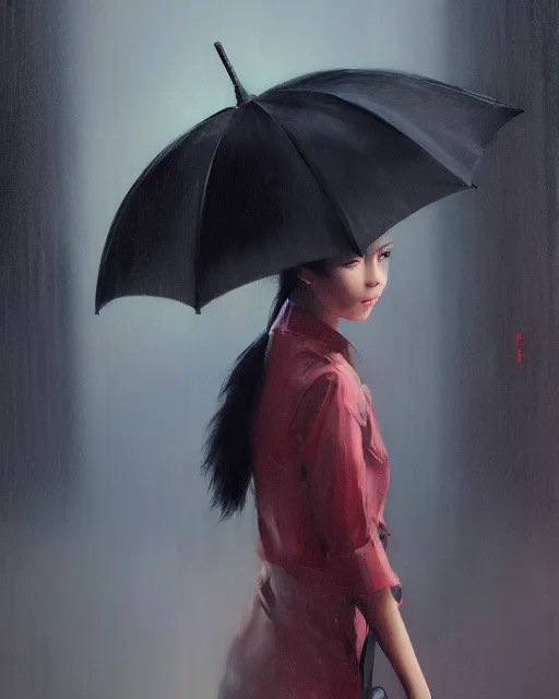 Image similar to A ultradetailed beautiful portrait panting of a stylish girl with an umbrella, rainy day, Oil painting, by Ilya Kuvshinov, Greg Rutkowski and Makoto Shinkai