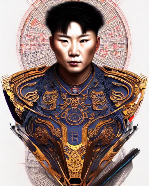 Image similar to portrait of a chinese masculine male cyberpunk machine, machine face, upper half portrait, decorated with chinese opera motifs, muscular, asian, fine china, wuxia, traditional chinese art intricate intense elegant 京 剧 highly detailed digital painting artstation concept art smooth sharp focus illustration, art by artgerm and greg rutkowski alphonse mucha 8 k