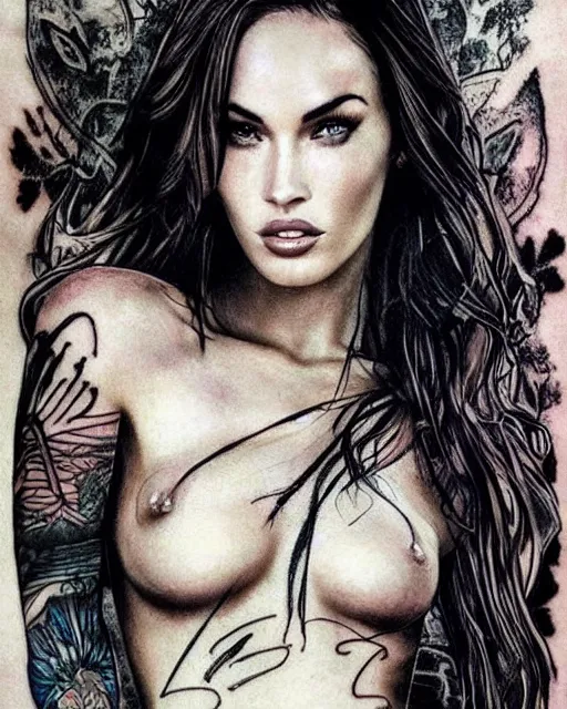 Image similar to creative double exposure effect tattoo design sketch of megan fox faded in beautiful mountain scenery, realism tattoo, in the style of matteo pasqualin, amazing detail, sharp