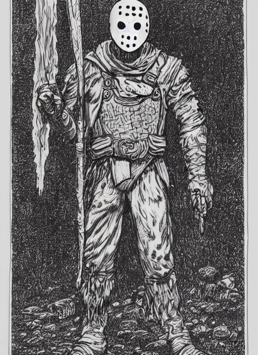 Image similar to jason voorhees as a D&D monster, full body, pen-and-ink illustration, etching, by Russ Nicholson, DAvid A Trampier, larry elmore, 1981, HQ scan, intricate details, Monster Manula, Fiend Folio