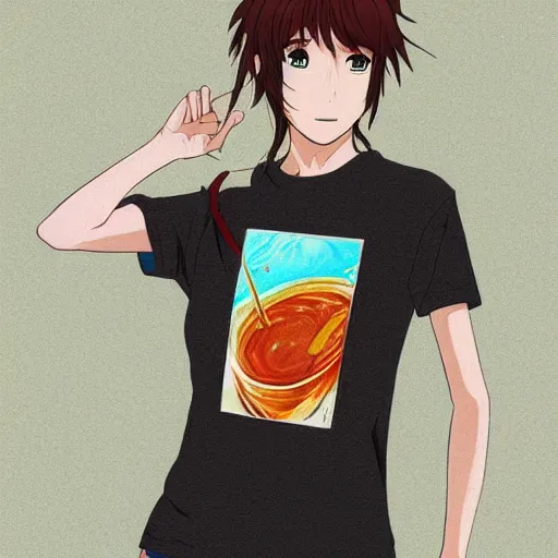 Prompt: a girl wearing a hot sauce shirt, anime art illustrated by Makoto Shinkai